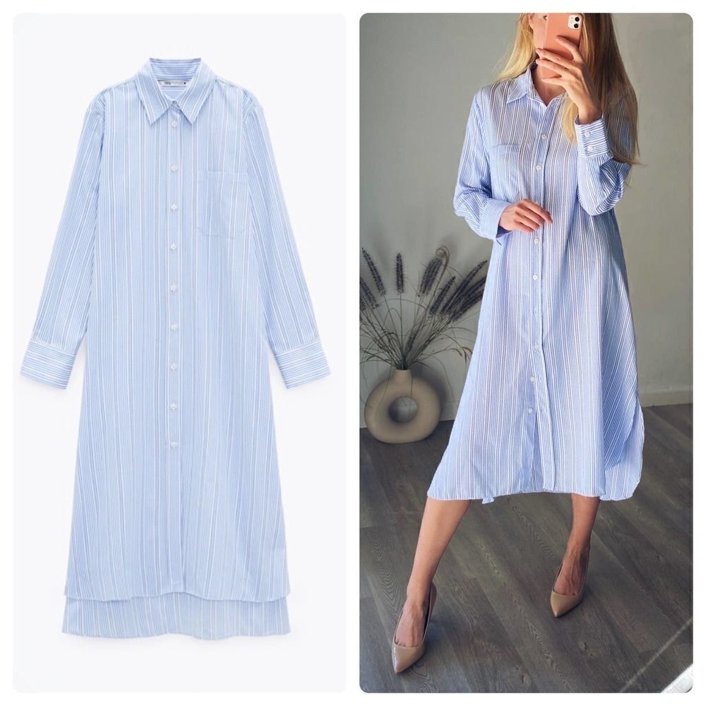 Zara Shirt Dress Blue Striped Midi